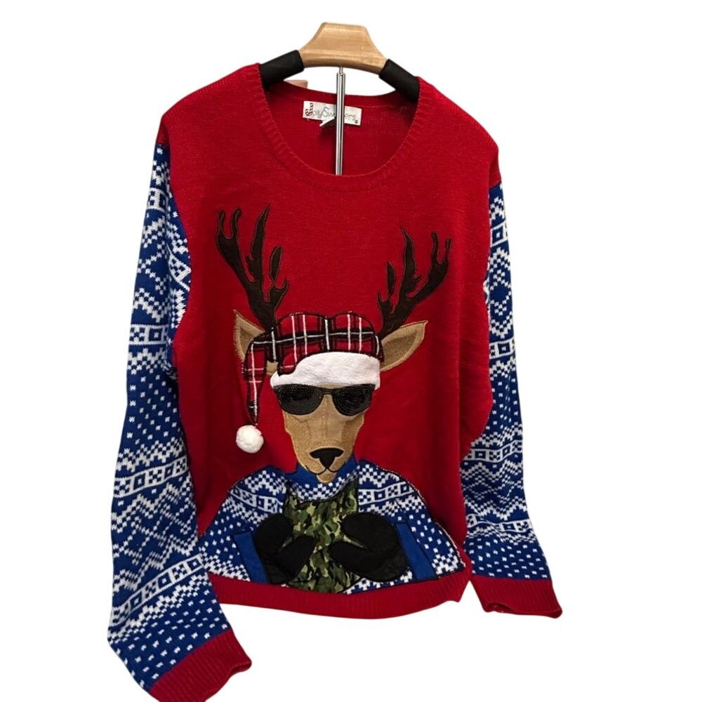 Jolly Sweater Ugly Christmas sweater Reindeer wearing sunglasses w/drink pouch